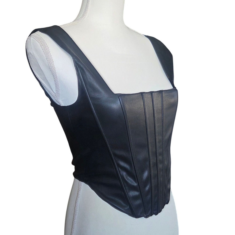 7‎ For All Mankind Black Vegan Leather Corset Top Square Neck Smocked Back Small - Picture 3 of 13